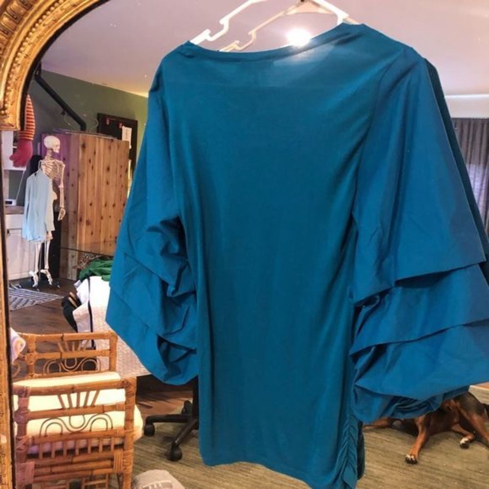 NWT INC International Concepts Ruffled 3/4 Sleeve Scoop Neck Soft Teal Shirt